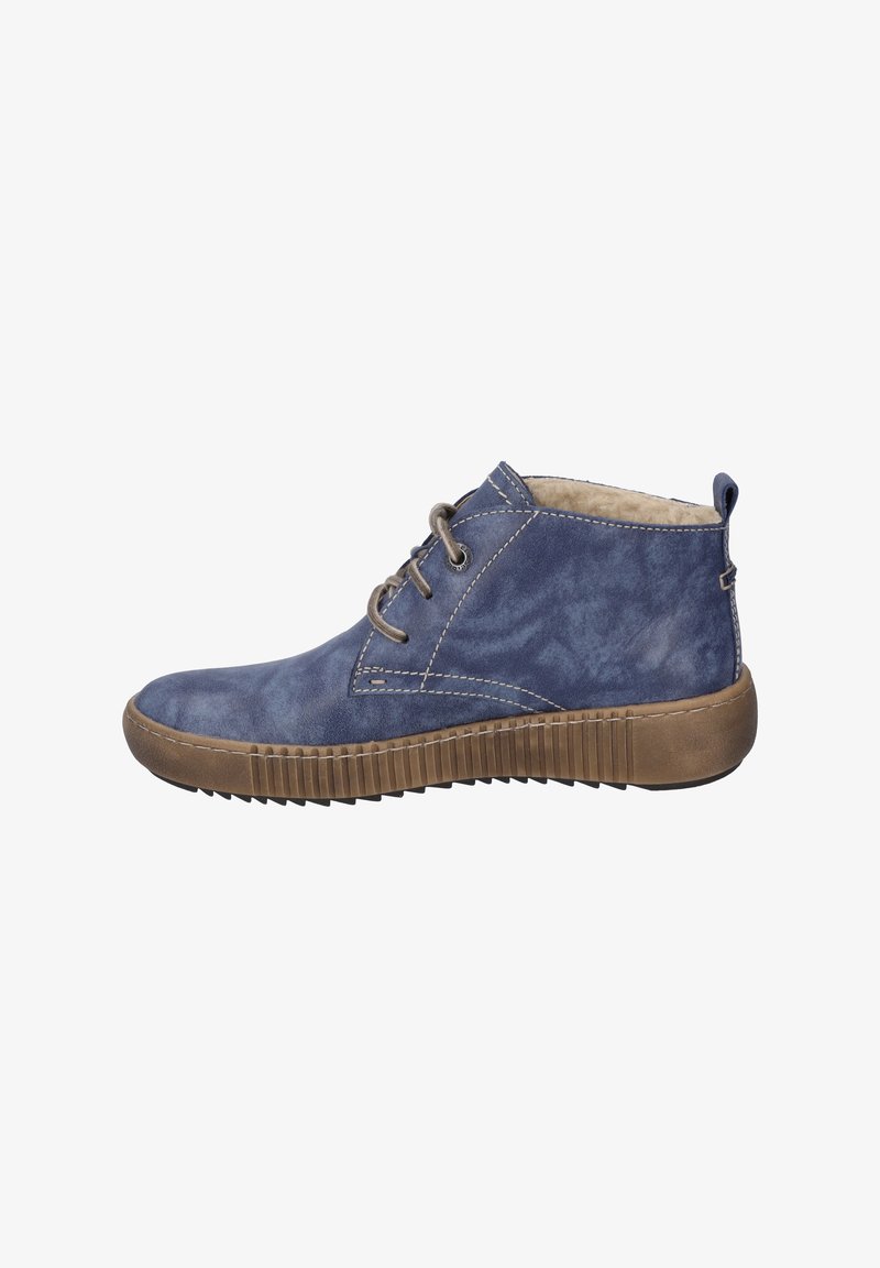 Blue suede ankle boots with a contrasting brown rubber sole, round toe, and lace-up front, featuring stitching accents and a soft interior.