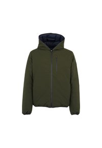 Groene pufferjack met capuchon, ritssluiting en een ritsborstzak. Kenmerkend is de gevoerde binnenkant in marineblauw.