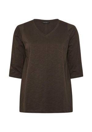 Top da donna marrone a scollo a V, con maniche a tre quarti, sottile trama e orlo dritto.