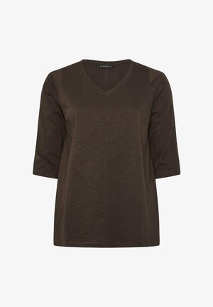 Brun V-hals, kvinders top med trekvartlange ærmer, en subtil struktur og lige kant.