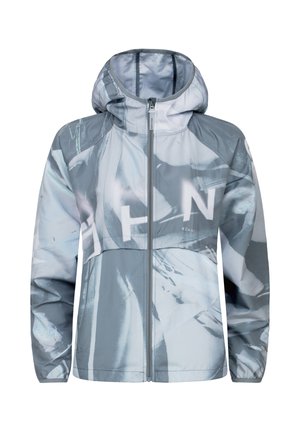 Lekka szara i biała kurtka z kapturem, zapinana na zamek błyskawiczny z przodu, z abstrakcyjnym wzorem przedstawiającym duże, częściowe litery na przodzie.