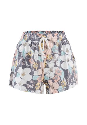Floral shorts featuring a gray background, with large white, pink, and blue flowers. Elastic waistband with a drawstring and textured fabric.