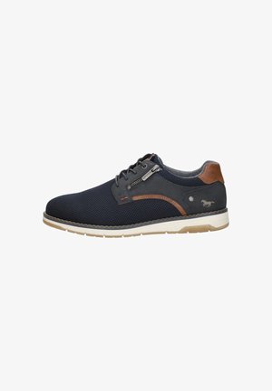 Navy blue casual sneaker with brown accents, side zipper, lace-up front, white sole, and stitched horse logo near heel.