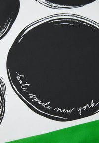 Black and white abstract circular patterns on a white background, featuring "kate spade new york" in white script. Green accent at the bottom.