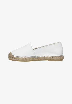 Witte leren espadrilles zonder sluiting met een jute touwzool, met een ronde neus en een gladde textuur. Eenvoudig ontwerp zonder versieringen.