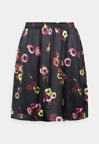 Jupe florale avec un fond noir, ornée de fleurs rose vif, violettes et jaunes. Fabriquée en tissu léger avec une taille élastique.