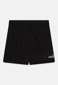 Melnas sporta šortus no gludas auduma. Iekļauj elastīgu jostasvietu un mazu gaiši zilu Puma logo kreisajā apakšējā stūrī.