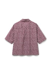 Camicia a maniche corte color bordeaux con motivo floreale bianco, colletto alla francese e dettaglio a pieghe sul retro, adagiata su uno sfondo bianco.