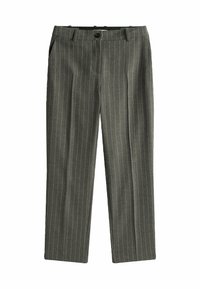 Pantaloni a righe grigie realizzati in un tessuto morbido, con una vestibilità dritta, tasche frontali e chiusura con un singolo bottone.