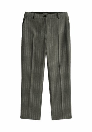 Gray pinstriped trousers made of a soft fabric, featuring a straight-leg cut, front pockets, and a single button closure.