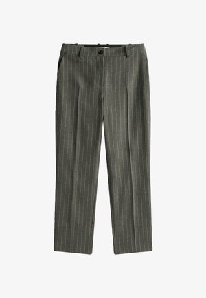 Pantalons à rayures gris en tissu doux, présentant une coupe droite, des poches avant et une fermeture à un bouton.