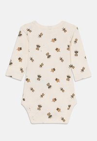 Bodysuit za bebe s dugim rukavima, boje vrhnja, s ponavljajućim uzorkom crtanih robota u zelenim i smeškim nijansama. Mekani pamuk.