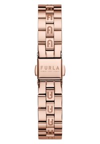 Furla rokassprādze pulkstenis pulējot rozā zeltā, ar bloku saitēm un iegravētu zīmolu nosaukumu, kā arī aizdari.