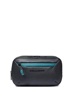 Borsa bustina rettangolare nera con tasca con cerniera turchese e logo in rilievo sul davanti, progettata per un deposito compatto e uso in viaggio.