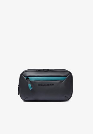 Borsa bustina rettangolare nera con tasca con cerniera turchese e logo in rilievo sul davanti, progettata per un deposito compatto e uso in viaggio.