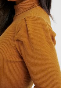 Ribovaný svetr s vysokým límcem v teplé hnědé barvě, s nabíranými rukávy a přiléhavým střihem, který se vyznačuje jemnou texturou a výrazným prošitím.