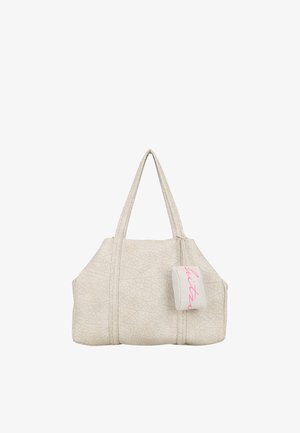Off-white textured tote bag with two long handles and a small attached pouch featuring pink cursive text.