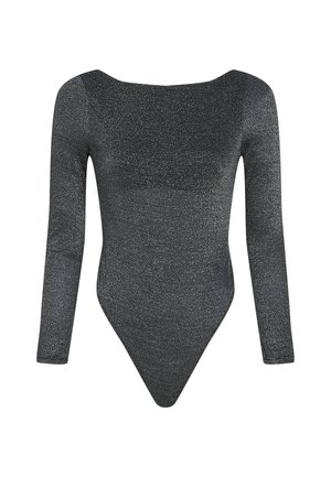 Body a maniche lunghe nero con scollo rotondo, realizzato in un tessuto metallico testurizzato che luccica. Presenta un design con fondo a perizoma.