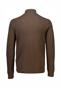 Brun tröja med hög krage och långa ärmar, tillverkad av ett glättat material. Har ribbade manschetter och en minimalistisk design.