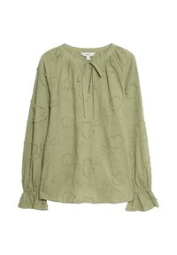 Lichtgroene blouse met lange mouwen, bloemenborduursel, verzamelde halslijn met strik en gerimpelde manchetten. Textured stof met een zachte afwerking.