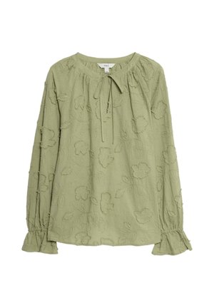 Blusa verde chiaro con maniche lunghe, ricamo floreale, scollatura arricciata con fiocco e polsini sfrangiati. Tessuto strutturato con una finitura morbida.