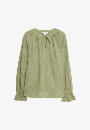 Blusa verde chiaro con maniche lunghe, ricamo floreale, scollatura arricciata con fiocco e polsini sfrangiati. Tessuto strutturato con una finitura morbida.