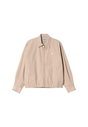 Chaqueta beige con cremallera y cuello, dobladillo elástico y bolsillos laterales. Presenta un pequeño logo en el pecho. Fabricada con tejido ligero.