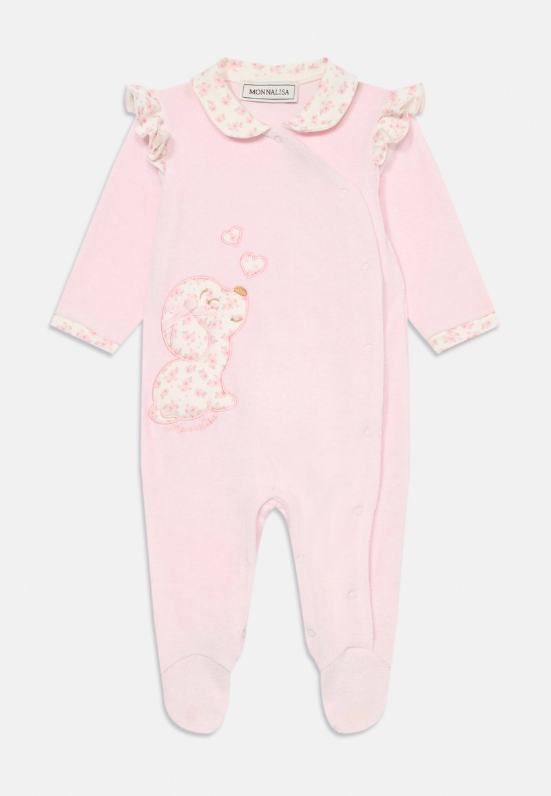Rosa baby jumpsuit med blomsterkrage og volanger. Har en hundepatch med hjerter. Laget av mykt stoff med trykknapper.