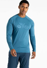 Langärmliges Sporthemd in Blaugrün mit einem Fahrradgrafik in Hellblau, ausgestattet mit nahtlosem Design und atmungsaktiver Textur.