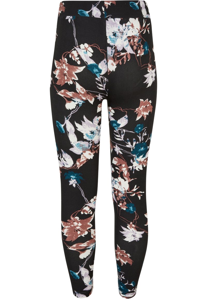 Leggings floraux avec un fond noir et des motifs de fleurs multicolores dans des nuances de rose, bleu et blanc. Tissu lisse et extensible.