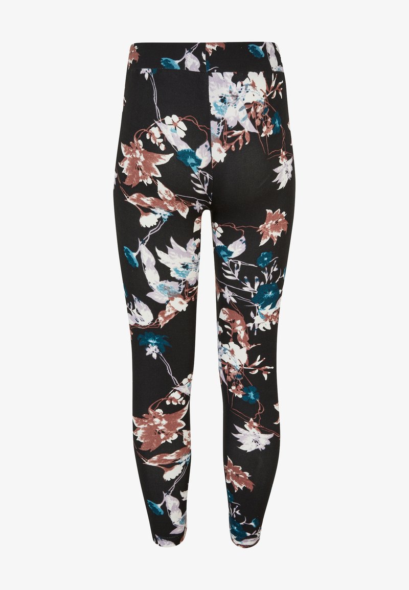 Leggings florales con un fondo negro y patrones de flores multicolores en tonos de rosa, azul y blanco. Tejido suave y elástico.