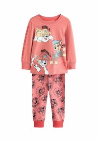 Coral pink children's pajama set with long sleeves and pants, featuring Paw Patrol characters Rubble, Chase, and Marshall in colorful prints.