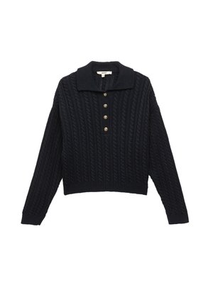 Granatowy sweter z dzianiny o prążkowanej strukturze, z płaskim kołnierzykiem, listwą guzikową z złotymi guzikami oraz długimi rękawami. Krótki krój.