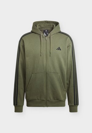adidas Sportswear, ESSENTIALS 3 STRIPES FULL ZIP HOODIE - Lukuga pusa - olive four/black