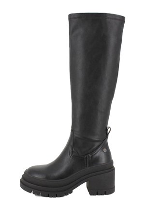 Botas negras hasta la rodilla hechas de material sintético suave con un tacón de plataforma grueso y una suela de goma texturizada. Presenta un lazo lateral para facilitar el uso.