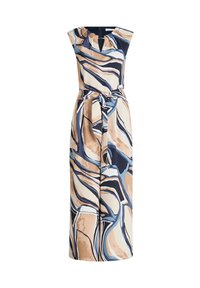 Ujjatlan bézs, kék és sötét tengerészkék ruhadarab, absztrakt örvény mintával; V-nyakkivágással és derékra kötős megoldással a formázás érdekében.