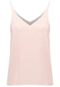 Haut camisole sans manches rose clair avec fines bretelles et décolleté en V sur fond blanc.