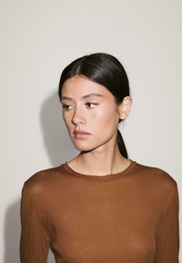 Brown long-sleeve top with a round neckline, made of sheer material. Features a simple design and soft texture with raw edge details.