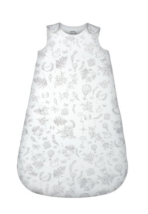 Sacco nanna bianco per neonati con motivi grigi di fiori, mongolfiere, farfalle e cavallucci a dondolo, con chiusure a pressione sulle spalle.