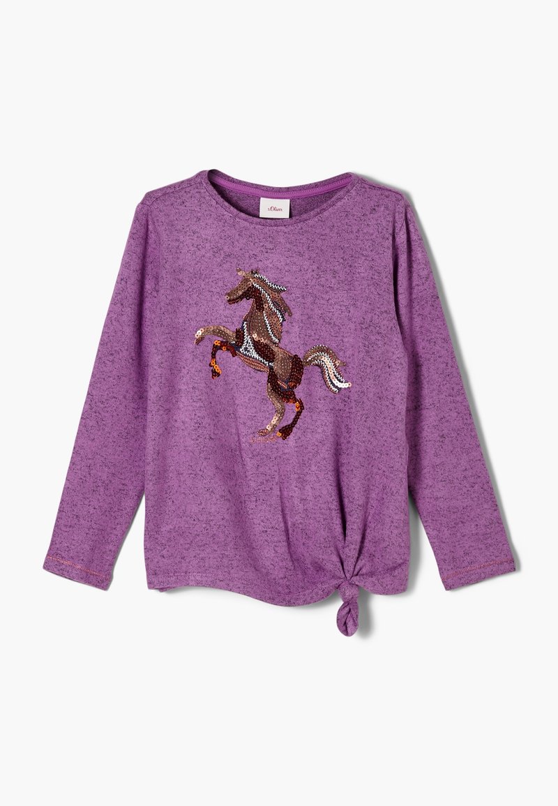 Chemise violette à manches longues avec un nœud noué à l'ourlet et un cheval marron en sequins cabré au centre devant.
