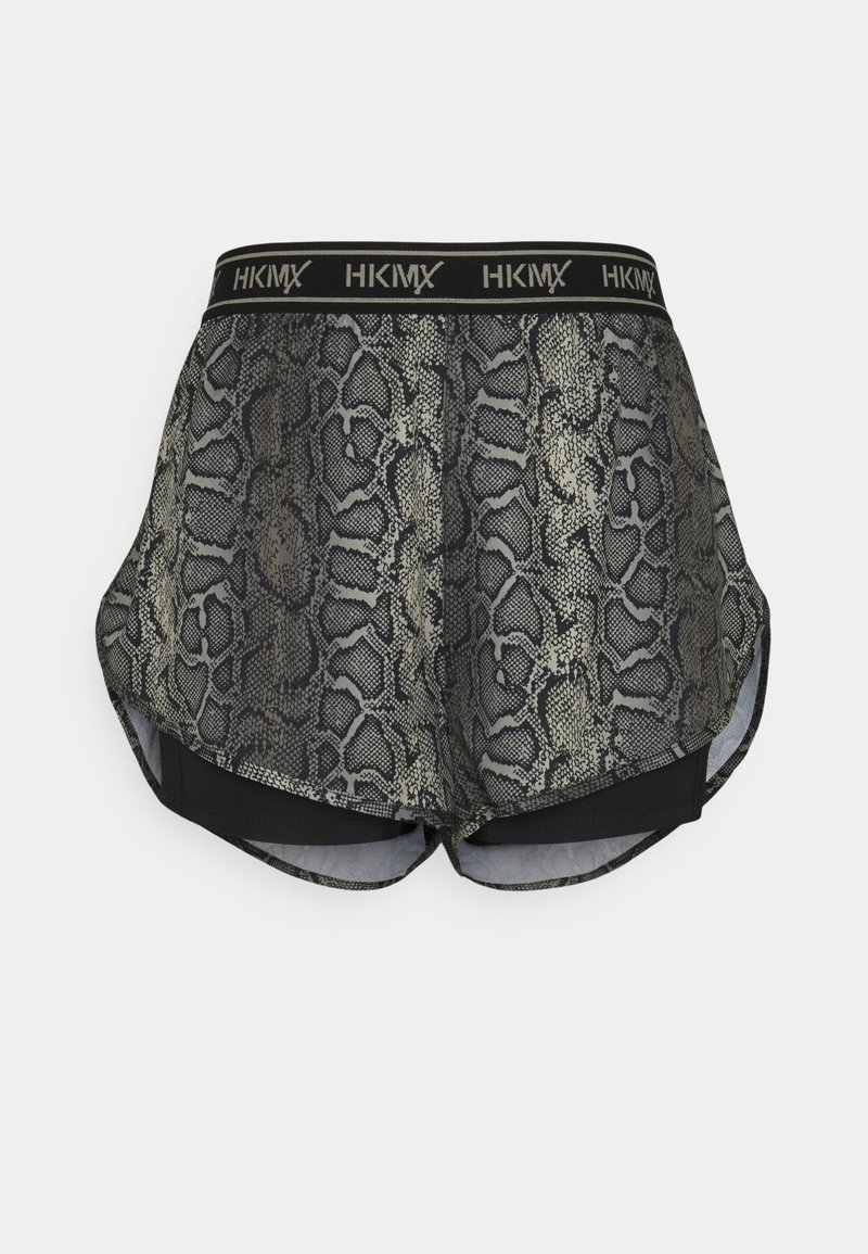 Svart och grön ormskinsmönstrade shorts med meshöverdrag, elastisk midja med varumärkning "HKMX" och fast svart innerfoder.