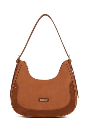 Borsa a tracolla a mezzaluna in pelle e suede marrone con una tracolla singola e dettagli in zip e logo color oro.