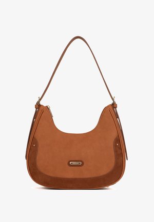 Brown leather and suede crescent-shaped shoulder bag with a single strap and gold-tone zipper and logo detail.