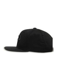 Black snapback cap with a flat brim, featuring a textured fabric, embroidered logo detail on the front, and a adjustable plastic strap at the back.