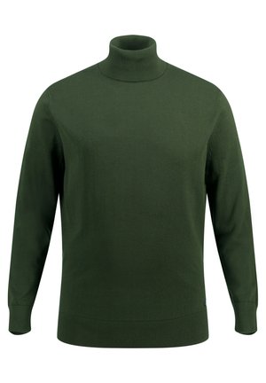 Zielony sweter z golfem wykonany z gładkiej dzianiny. Posiada długie rękawy, ściągacze u mankietów i na dole, bez wzorów ani widocznych elementów metalowych.