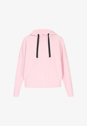 Rosa Kapuzenpullover aus weichem Material, mit lockerer Passform, großer Kapuze und schwarzen Kordelzügen. Runde Saumlinie und überschnittene Schultern.