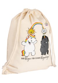 Borsa in cotone con cordoncino, di colore crema chiaro, caratterizzata da colorati unicorni dei cartoni animati, un sole, una nuvola e una grafica arcobaleno, con testo in tedesco.