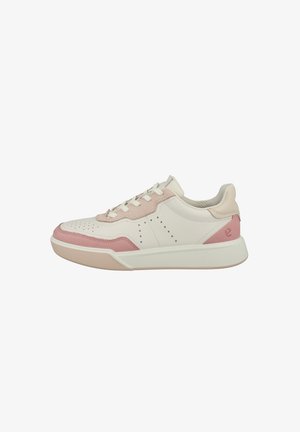 White and light pink leather sneaker with a textured finish, perforated details, and a rubber sole. Laces and padded collar for comfort.