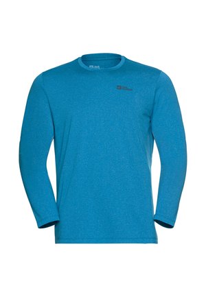 Maglietta sportiva da uomo a maniche lunghe blu con collo a giro e piccolo logo nero di Jack Wolfskin sul lato sinistro del petto.