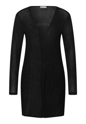 Sort langærmet åben cardigan i let vægt med fintrådet striktekstur og knælængde design.
